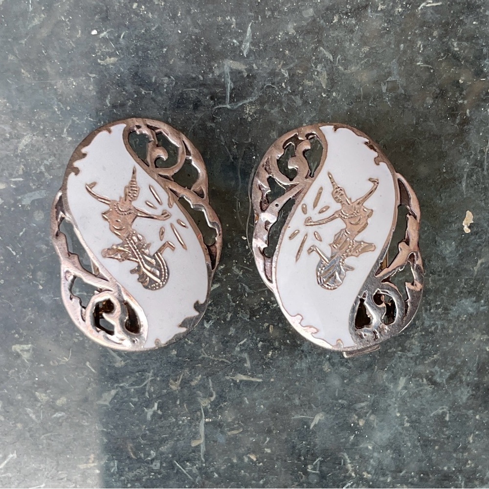 VTG MINT Sterling Silver Niello Dancer Enamel Clip Earrings Siam White